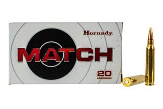 Hornady Match 223 ammunition features a 75 grain boat tail hollow point bullet